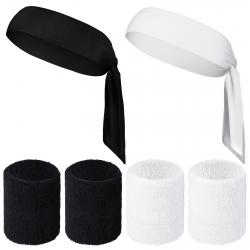 6 Pieces Head Tie Sweatbands Wristbands Set, Includes 2  Dry-Fit Head Tie Men Karate Headbands  and 4 Tennis Moisture-Wicking  Wristband for Adults Kids Yoga Running Sports (Black, White)